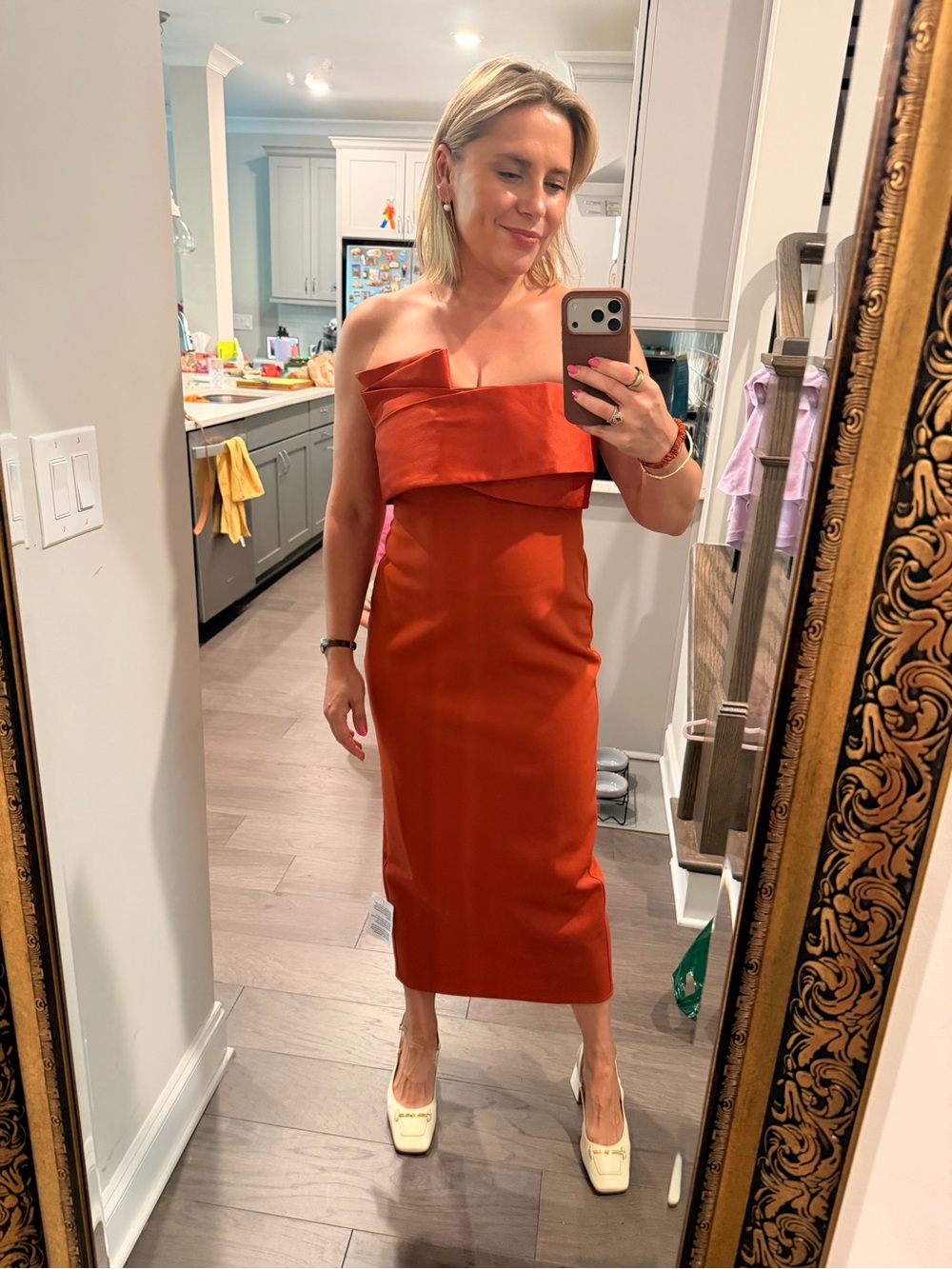 Orange Ruffle Midi Dress - Rust - Picture 3 of 8